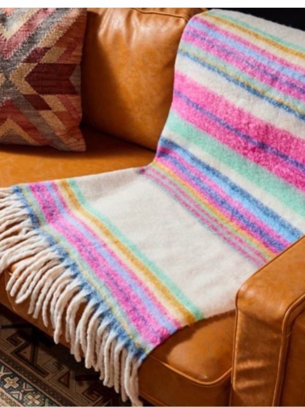 Free People Scarf Womens One Size Pink Skye Stripe Fringe Throw Fuzzy Wrap Boho